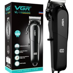 vgr vl 118 hair clipper for men & professionals | 200 min battery life, usb charging | led display, taper lever with stainless blade & 6 guide combs black