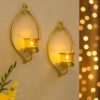 homesake® wall candle sconce set of 2 wrought iron candle holder hanging wall mounted candle sconces for living room home decor, black with glass and free t light candles (eye yellow gold)