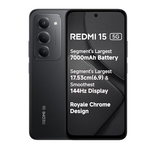 Redmi 15 5G Midnight Black 6GB + 128GB | Segment's redmi 15 5g midnight black 6gb + 128gb | segment's largest 7000maha battery | segment's largest display 17.53cm(6.9) up to 144hz | snapdragon 6s gen 3 | 18w reverse charging | 50mp ai dual camera