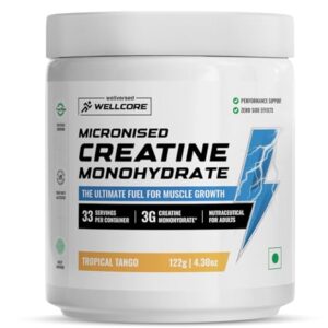 wellcore pure micronised creatine monohydrate (tropical tango, 33 servings) | rapid absorption | enhanced muscle strength & power|powder, 1 count