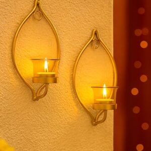 homesake® wall candle sconce set of 2 wrought iron candle holder hanging wall mounted candle sconces for living room home decor, black with glass and free t light candles (eye yellow gold)