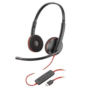 poly (plantronics) blackwire 3220 stereo headset, on ear w/noise canceling mic, 118g, connect to mobile/tablet via usb c/a, lightweight metal headband, dynamic eq, hi fi stereo, black, 9p7x8aa