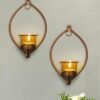 homesake® wall candle sconce set of 2 wrought iron candle holder hanging wall mounted candle sconces for living room home decor, black with glass and free t light candles (eye yellow gold)