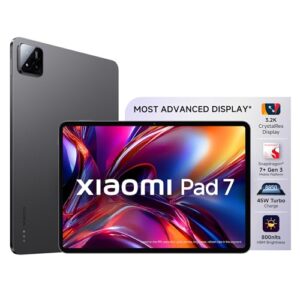 xiaomi pad 7 |qualcomm snapdragon 7+ gen 3 |28.35cm(11.16") display |8gb, 128gb |3.2k crystalres display |hyperos 2 |68 billion+ colours |dolby vision atmos |quad speakers |wi fi 6 |graphite grey