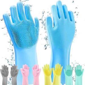 glun magic silicone dish washing gloves, silicon cleaning gloves, silicon hand gloves for kitchen dishwashing and pet grooming, great for washing dish, car, bathroom (1 pair,assorted)