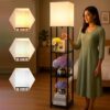 homifly 4 tier metal led floor lamp with wooden shelves/square lamp with 3 adjustable color mode/corner display book & vase shelf/standing night lamps for home decor(black)