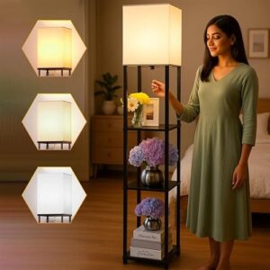 homifly 4 tier metal led floor lamp with wooden shelves/square lamp with 3 adjustable color mode/corner display book & vase shelf/standing night lamps for home decor(black)