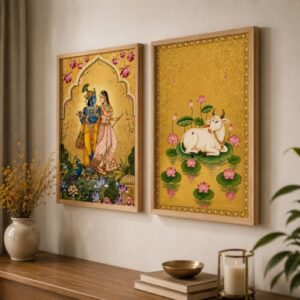 themakerly traditional indian wall painting set of 2 | radha krishna wall art frames | vintage religious wall decor for living room bedroom home temple (kr03, 13x19 inches)